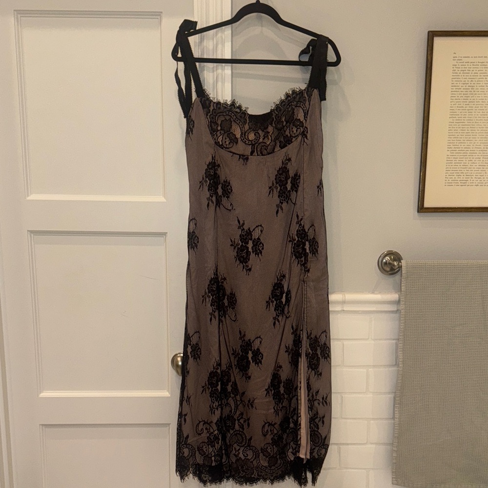 Anthropologie Black and pink Lace Chemise dress L